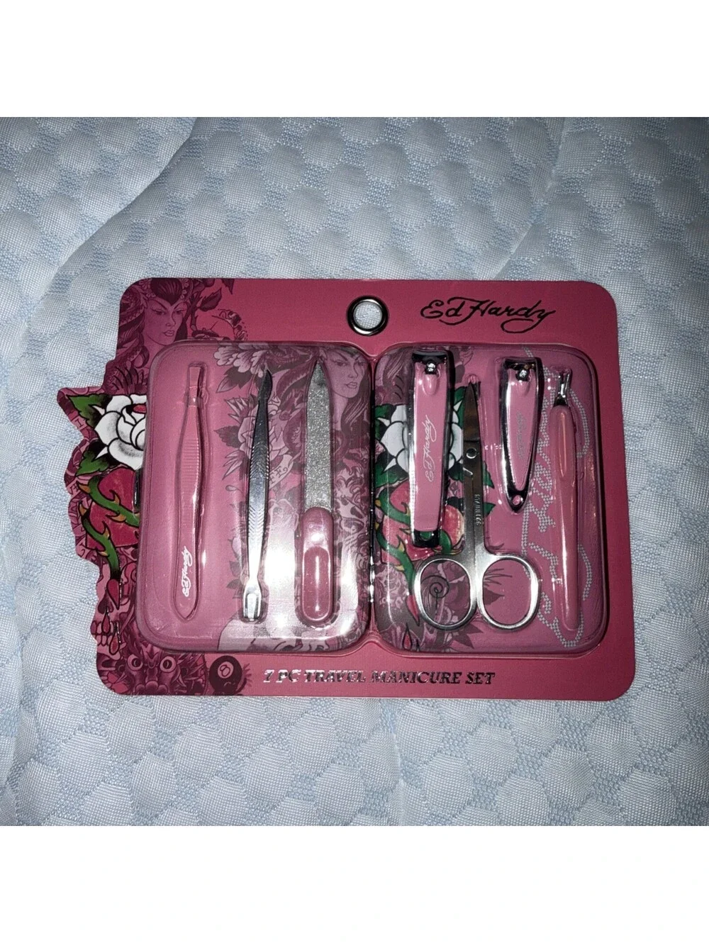 Ed Hardy 7 Pc Manicure Set Pink Nail Clippers Scissors File Travel Kit New